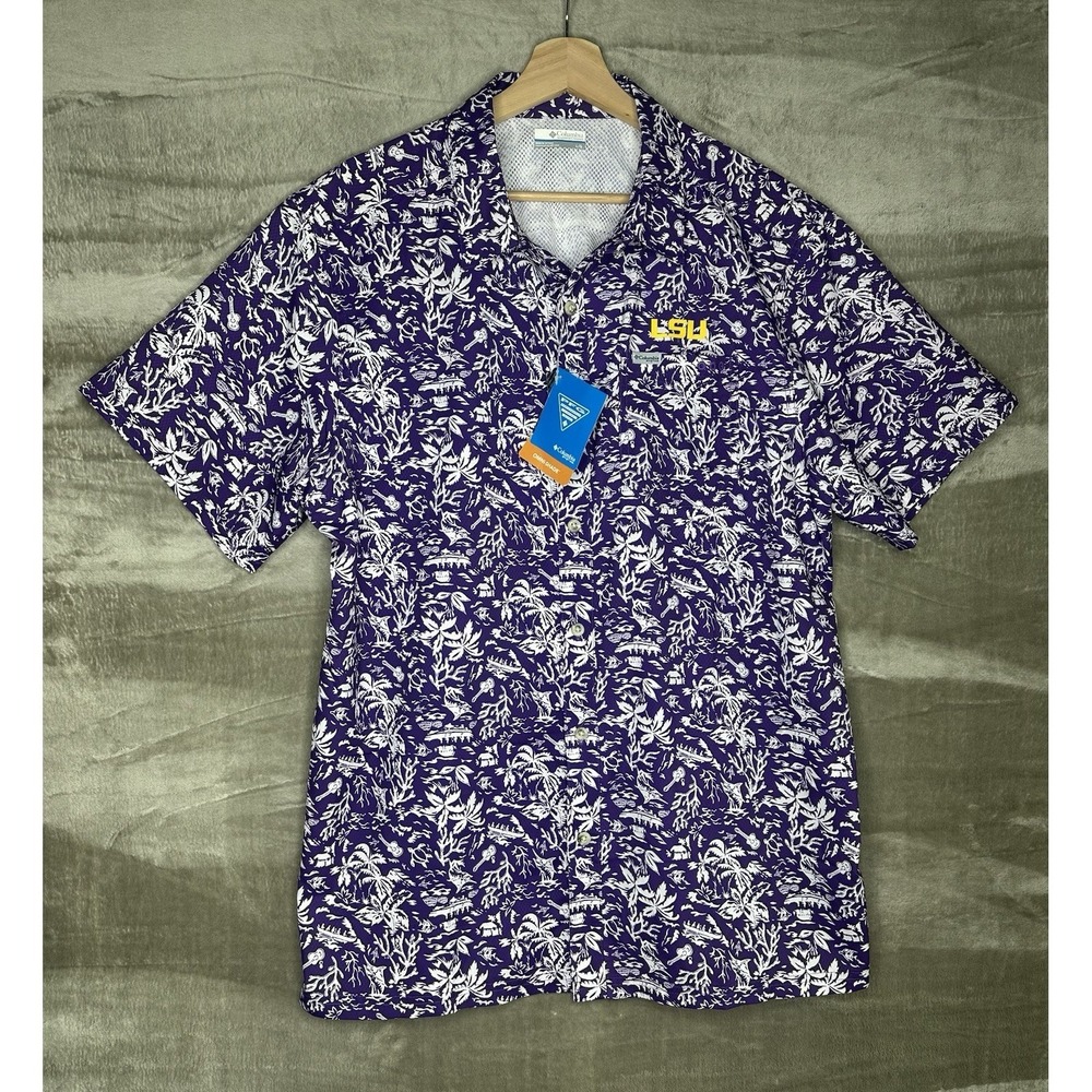 Columbia PFG Super Slack Tide Men's L Purple LSU Tropical Print Button-Up